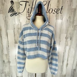 Angel Kiss Women’s BlueGray Chenille Soft Cropped Hoodie Sweater Top Size Large